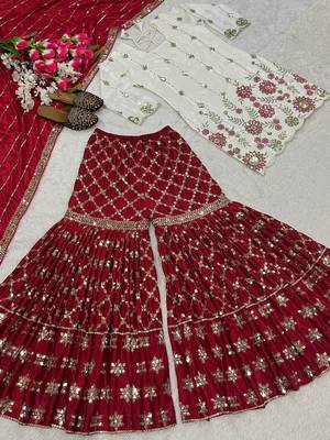 Heavy work white top with red sharara suit with dupatta 4