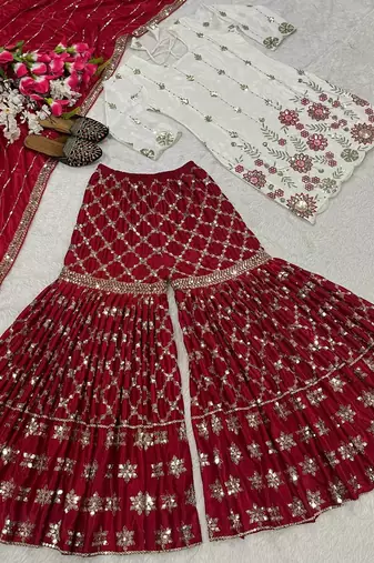 Heavy work white top with red sharara suit with dupatta
