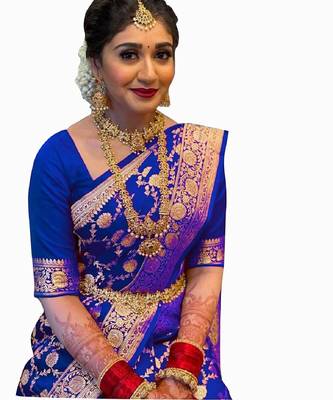 Royal blue silk blend banarasi saree with unstitched blouse piece 2