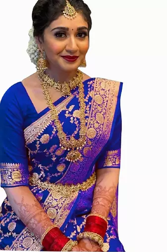 Royal blue silk blend banarasi saree with unstitched blouse piece