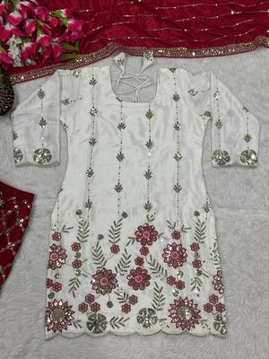 Heavy work white top with red sharara suit with dupatta 5