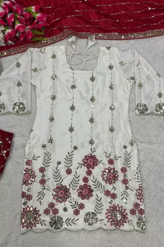 Heavy work white top with red sharara suit with dupatta