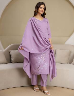 Light purple chanderi thread embroidery readymade suits 1