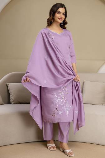 Light purple chanderi thread embroidery readymade suits