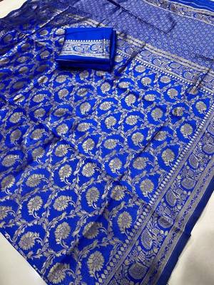 Royal blue silk blend banarasi saree with unstitched blouse piece 3