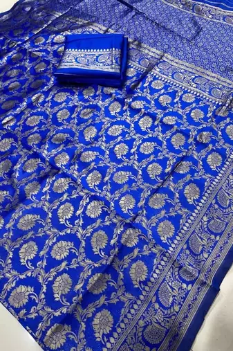 Royal blue silk blend banarasi saree with unstitched blouse piece