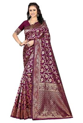Wine silk blend banarasi saree with unstitched blouse piece 1