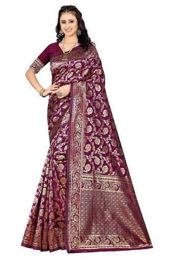 Wine soft silk blend banarasi jacuard work designer party wear saree with unstitched blouse piece
