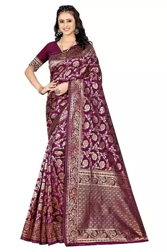 Wine soft silk blend banarasi jacuard work designer party wear saree with unstitched blouse piece