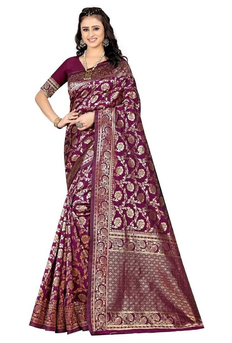 Wine soft silk blend banarasi jacuard work designer party wear saree with unstitched blouse piece