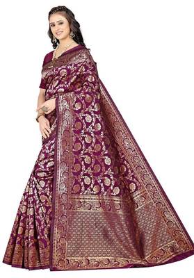 Wine silk blend banarasi saree with unstitched blouse piece 2