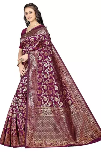 Wine silk blend banarasi saree with unstitched blouse piece