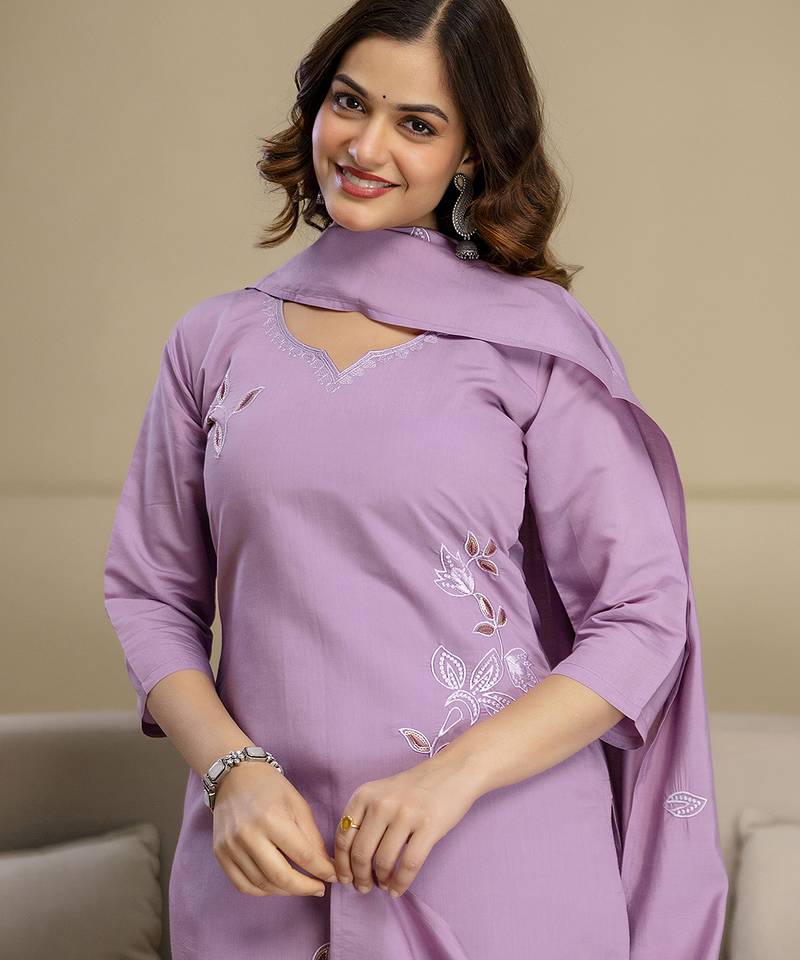 Light purple chanderi thread embroidery readymade suits