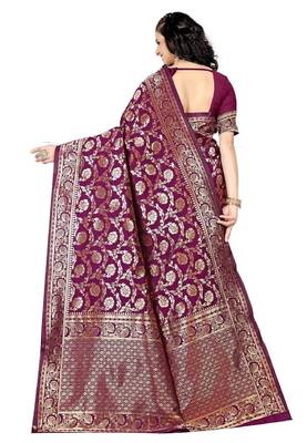 Wine silk blend banarasi saree with unstitched blouse piece 3