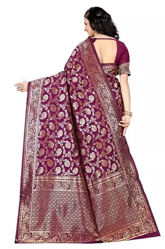 Wine silk blend banarasi saree with unstitched blouse piece
