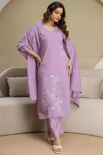 Light purple chanderi thread embroidery readymade suits