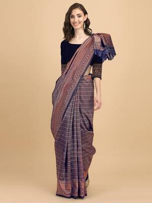 Blue silk blend banarasi saree with unstitched blouse piece 1