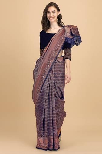 Blue soft silk blend banarasi jacuard work designer party wear saree with unstitched blouse piece