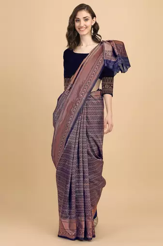 Blue soft silk blend banarasi jacuard work designer party wear saree with unstitched blouse piece