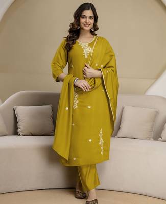 Mustard chanderi thread embroidery readymade suits 1