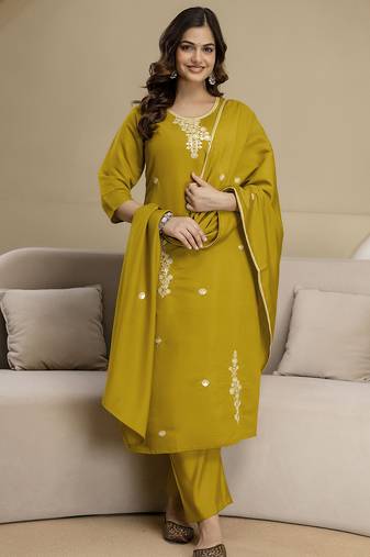 Mustard chanderi thread embroidery readymade suits