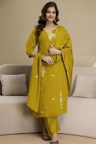 Mustard chanderi thread embroidery readymade suits