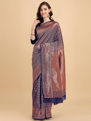 Blue silk blend banarasi saree with unstitched blouse piece 2