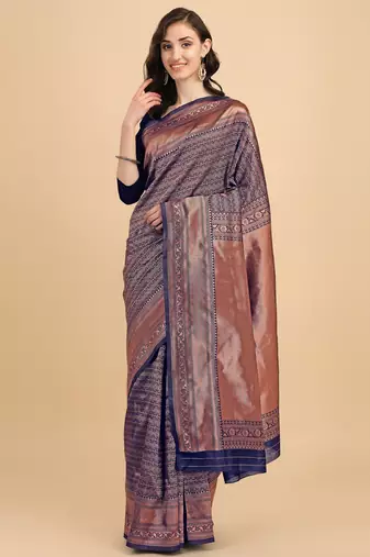 Blue silk blend banarasi saree with unstitched blouse piece