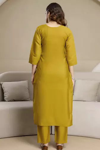 Mustard chanderi thread embroidery readymade suits