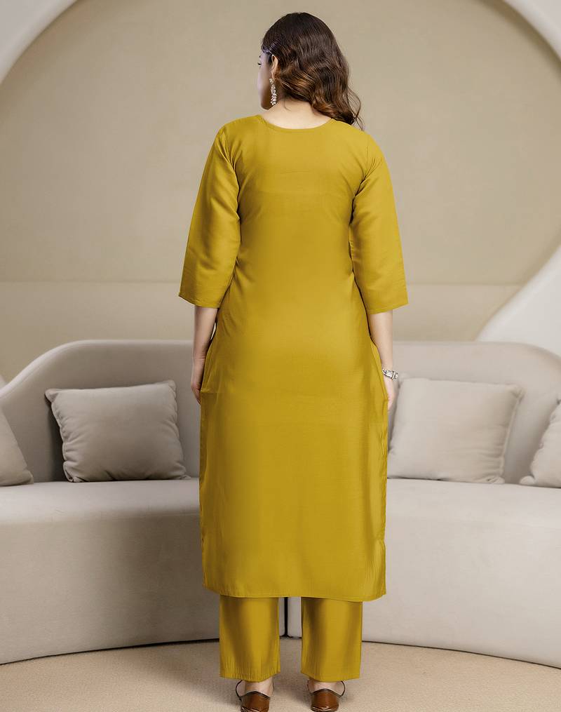 Mustard chanderi thread embroidery readymade suits