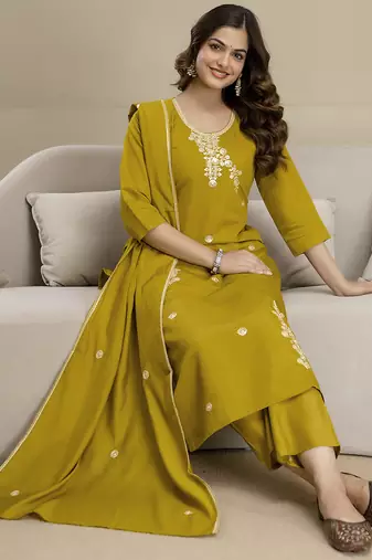 Mustard chanderi thread embroidery readymade suits