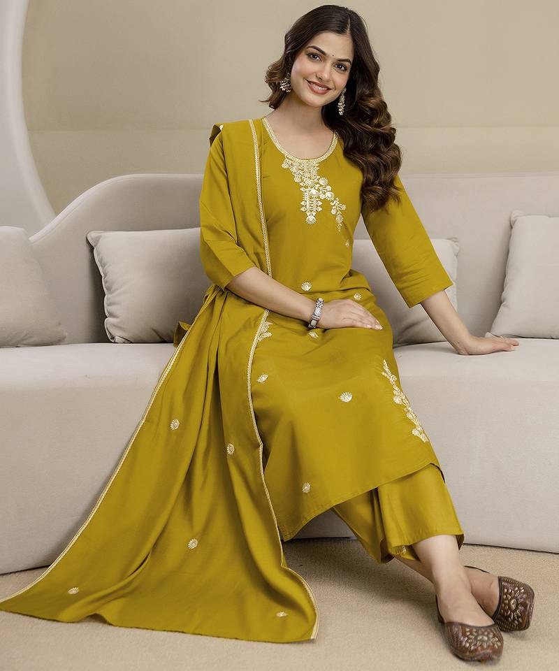 Mustard chanderi thread embroidery readymade suits