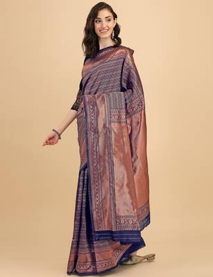 Blue silk blend banarasi saree with unstitched blouse piece 3