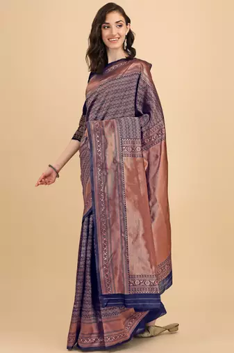 Blue silk blend banarasi saree with unstitched blouse piece