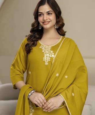 Mustard chanderi thread embroidery readymade suits 4