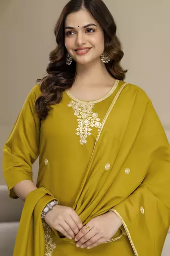 Mustard chanderi thread embroidery readymade suits