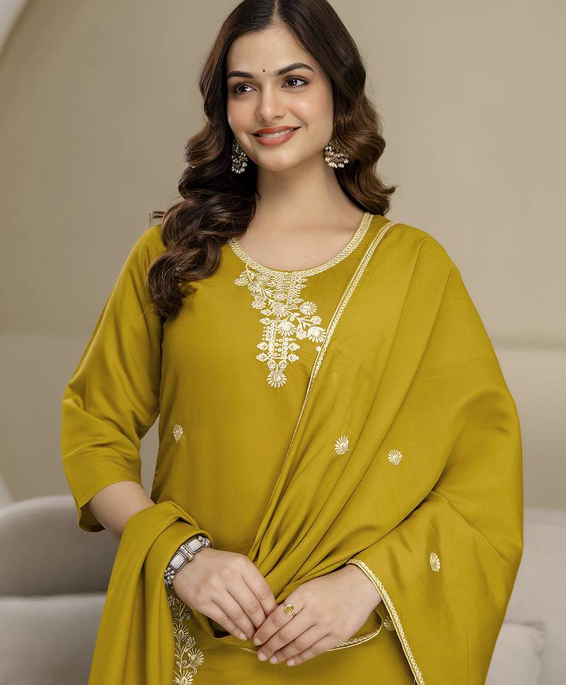 Mustard chanderi thread embroidery readymade suits