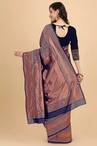 Blue silk blend banarasi saree with unstitched blouse piece