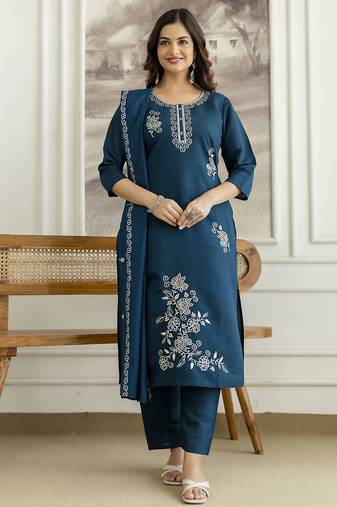 Teal blue chanderi thread embroidery readymade suits