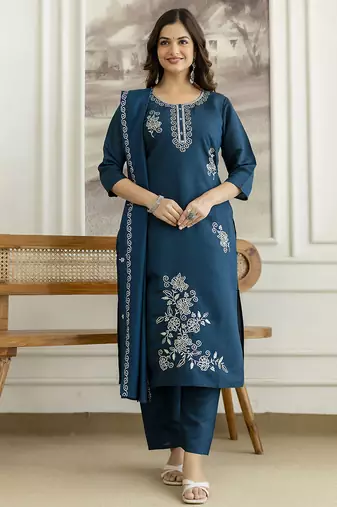 Teal blue chanderi thread embroidery readymade suits