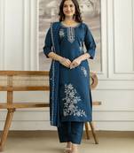 Teal blue chanderi thread embroidery readymade suits