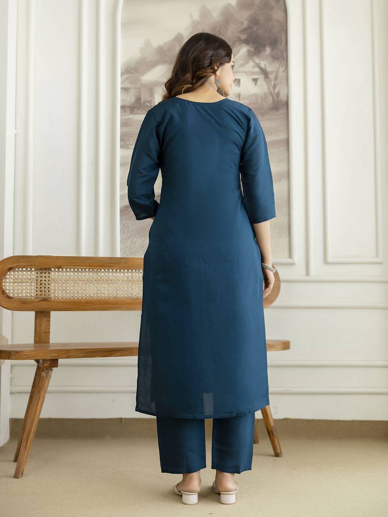 Teal blue chanderi thread embroidery readymade suits