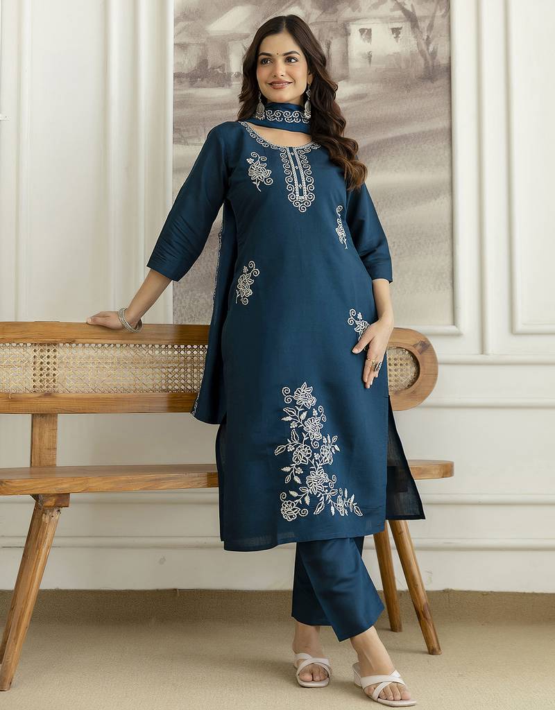 Teal blue chanderi thread embroidery readymade suits