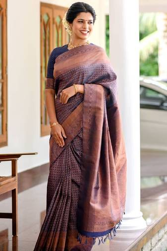 Blue soft silk blend banarasi jacuard work designer party wear saree with unstitched blouse piece