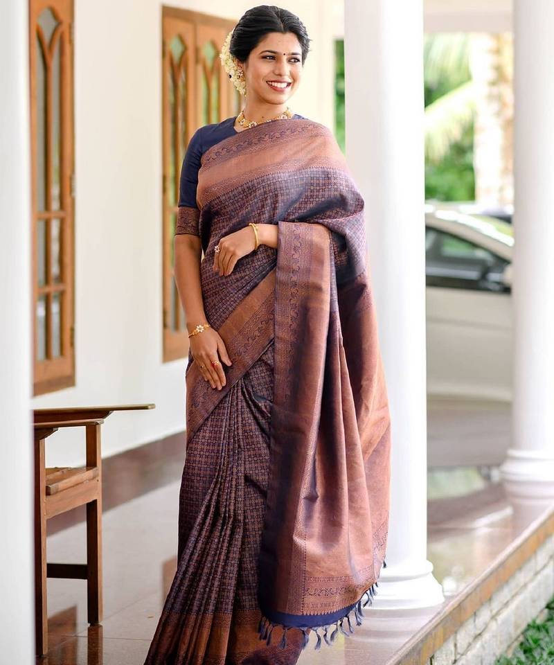 Blue soft silk blend banarasi jacuard work designer party wear saree with unstitched blouse piece