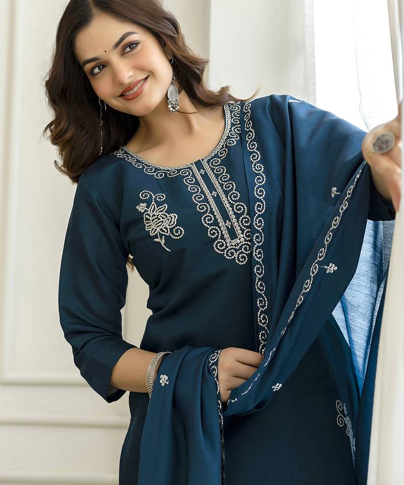 Teal blue chanderi thread embroidery readymade suits