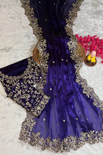 purple color embroidery work fandy satin saree