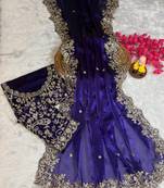 purple color embroidery work fandy satin saree