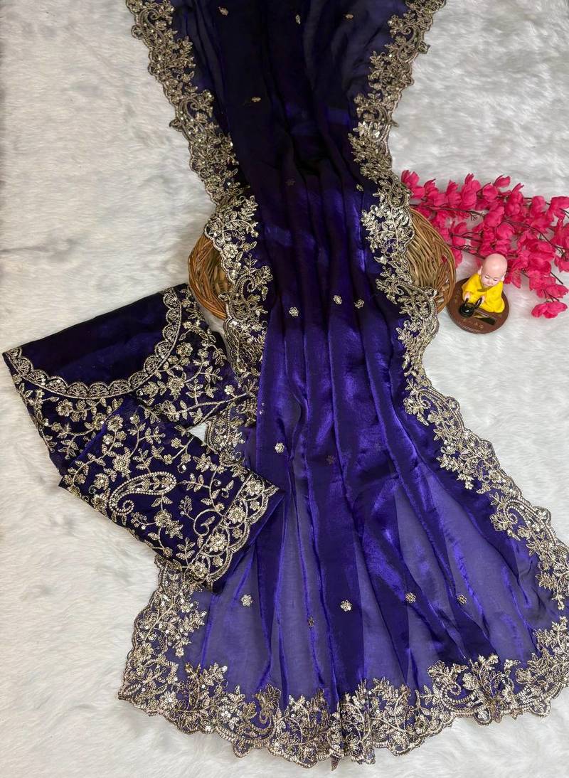 purple color embroidery work fandy satin saree