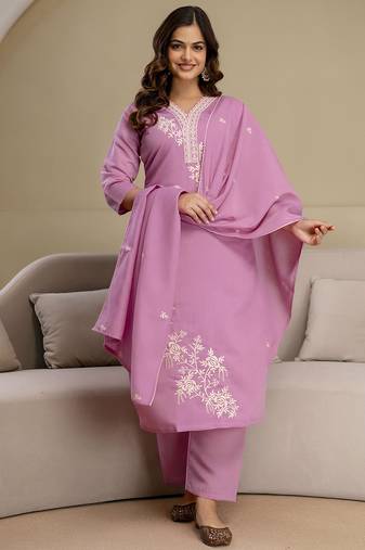 Light pink chanderi thread embroidery readymade suits